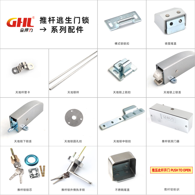 金捍力推桿逃生門鎖配件系列鎖舌鎖扣鎖芯頭尾蓋執(zhí)手鎖等