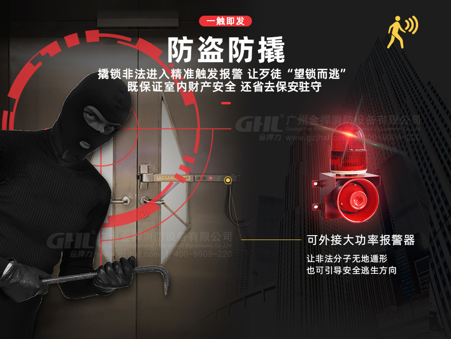 防盜防撬，報(bào)警裝置一觸即發(fā)，保證室內(nèi)財(cái)產(chǎn)安全，省去保安駐守。