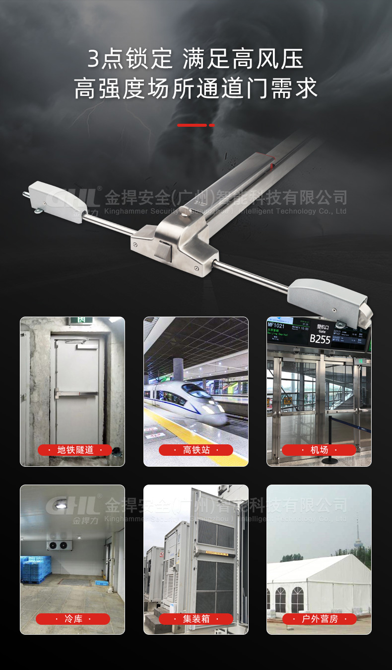 三鎖點(diǎn)推桿鎖滿足高風(fēng)壓高強(qiáng)度場所通道門的安裝需求